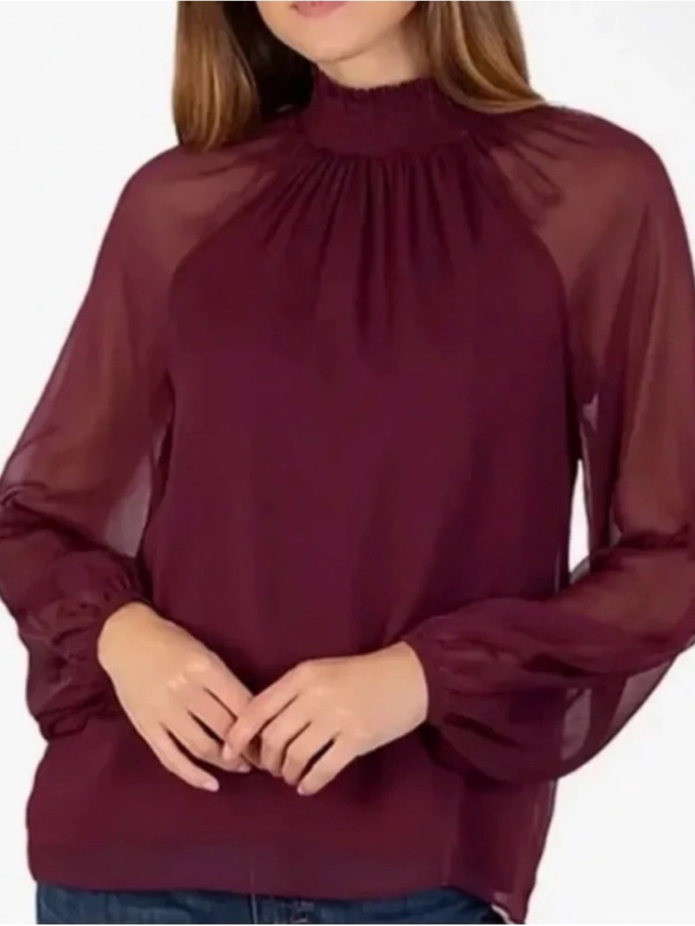 Joie Sheer Long-Sleeve Smocked-Neck Blouse - Wine